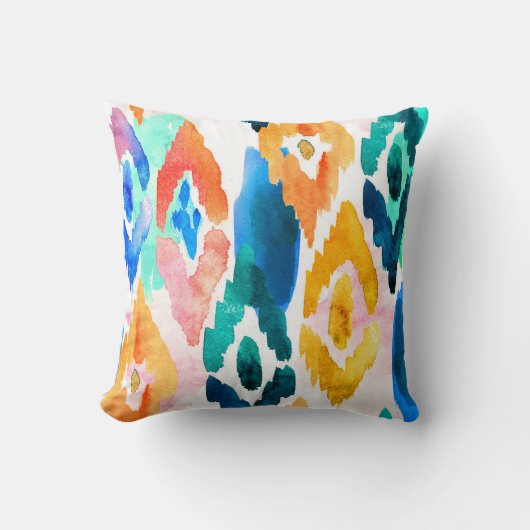 水彩抽象芸術イカットパターンオレンジ緑ブルー クッション (正面)