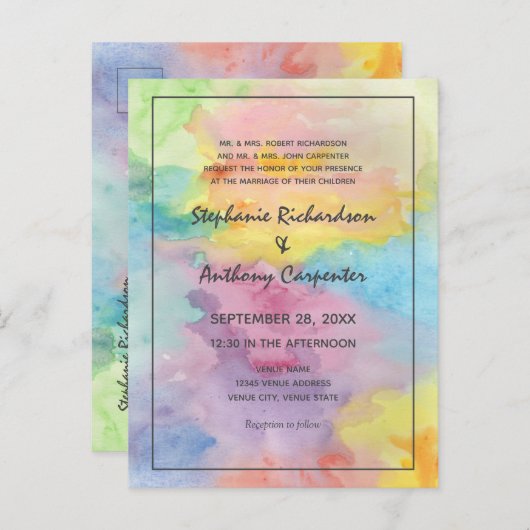 水彩抽象芸術カラフルお洒落おもしろい結婚の インビテーションポストカード (正面/裏面)