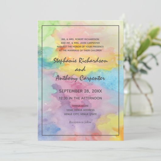 水彩抽象芸術カラフルお洒落おもしろい結婚の 招待状 (スタンド正面)