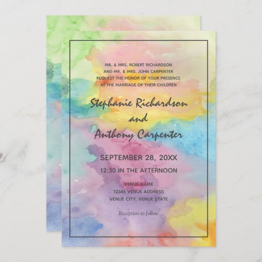 水彩抽象芸術カラフルお洒落おもしろい結婚の 招待状 (正面/裏面)