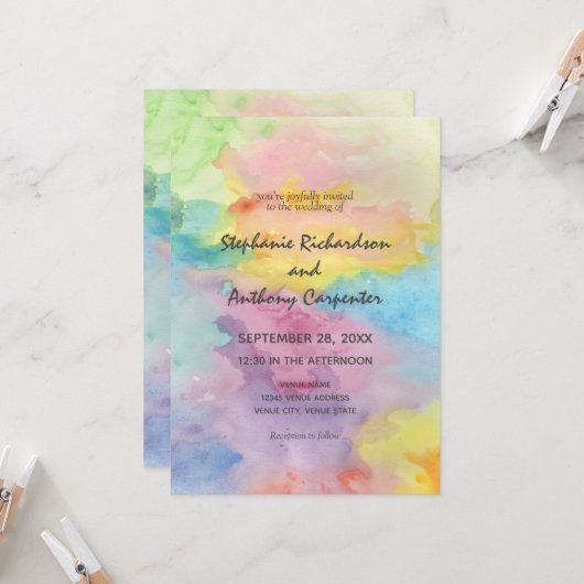 水彩抽象芸術カラフルお洒落おもしろい結婚の 招待状 (正面/裏面インサイチュ)