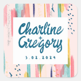 水彩抽象芸術カラフルブラシストロ結婚ーク スクエアシール