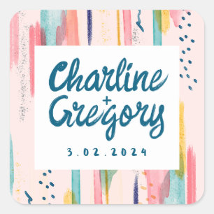 水彩抽象芸術カラフルブラシストロ結婚ーク スクエアシール