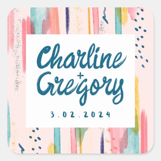 水彩抽象芸術カラフルブラシストロ結婚ーク スクエアシール (正面)