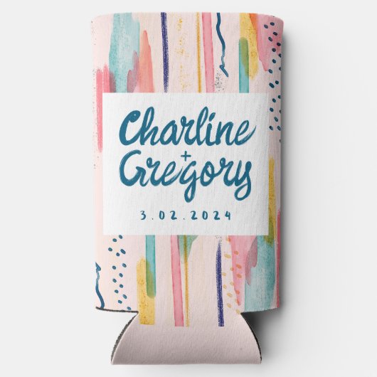 水彩抽象芸術カラフルブラシストロ結婚ーク スリム缶クーラー (裏面)