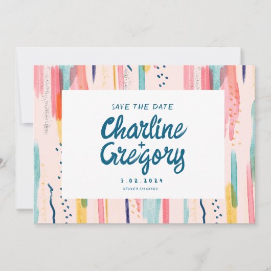 水彩抽象芸術カラフル日付の保存 招待状 (正面)