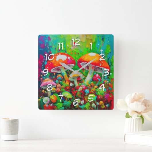 水彩抽象芸術キノコ スクエア壁時計 (ホーム)