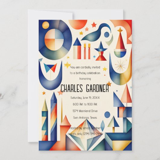 水彩抽象芸術キュービスト誕生日 招待状 (正面)