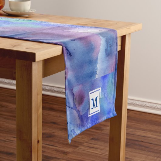 水彩抽象芸術ハンドブルーパープル絵を描ティール(緑がかった色) ショートテーブルランナー (インサイチュ)