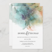 水彩抽象芸術ピーチ&グリーン結婚ズ 招待状 (正面/裏面)