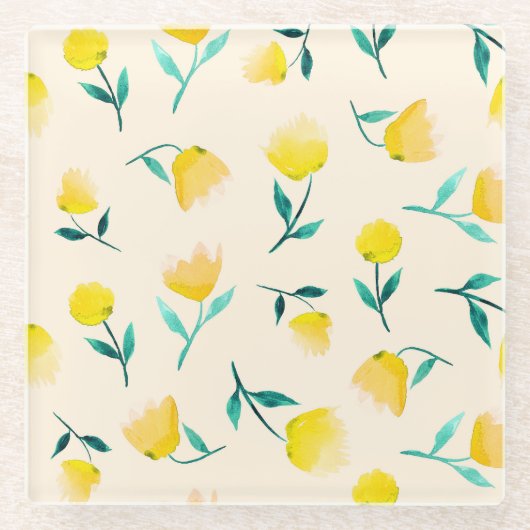 水彩抽象芸術フローラ牡丹パターン ガラスコースター (正面)