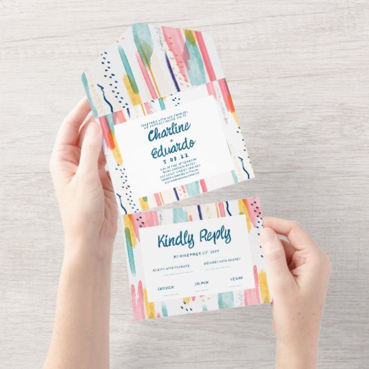 水彩抽象芸術ブカラフルラシ結婚ズ オールインワン招待状 (貼ってはがせる)