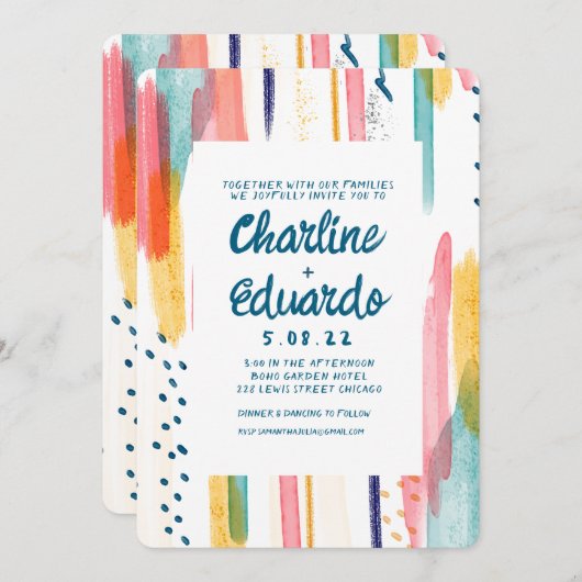 水彩抽象芸術ブカラフルラシ結婚ズ 招待状 (正面/裏面)
