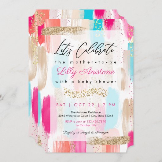 水彩抽象芸術ブラシストローク赤ちゃんシャワー 招待状 (正面/裏面)