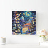 水彩抽象芸術冬のシーンクリスマス スクエア壁時計 (ホーム)