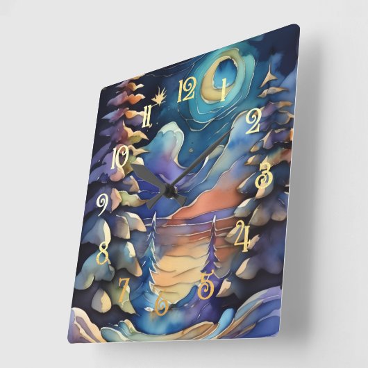 水彩抽象芸術冬のシーンクリスマス スクエア壁時計 (傾斜)