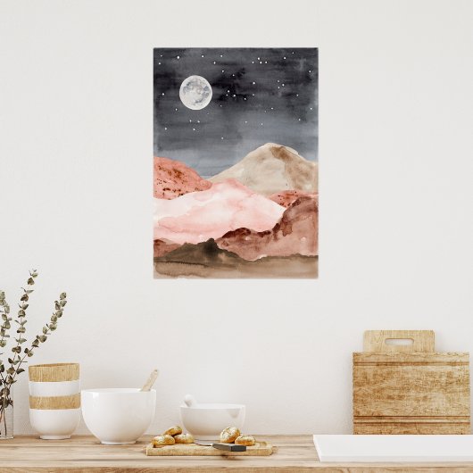 水彩抽象芸術夜の月砂漠の風景 ポスター (キッチン)