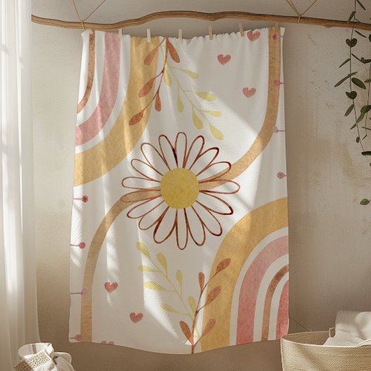 水彩抽象芸術植物花と虹 フリースブランケット