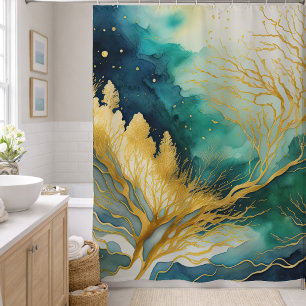 水彩抽象芸術横絵画景金ゴールド シャワーカーテン