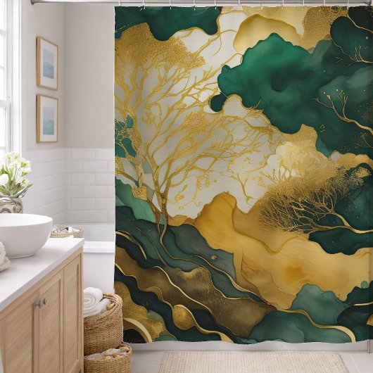 水彩抽象芸術横絵画景金ゴールド シャワーカーテン
