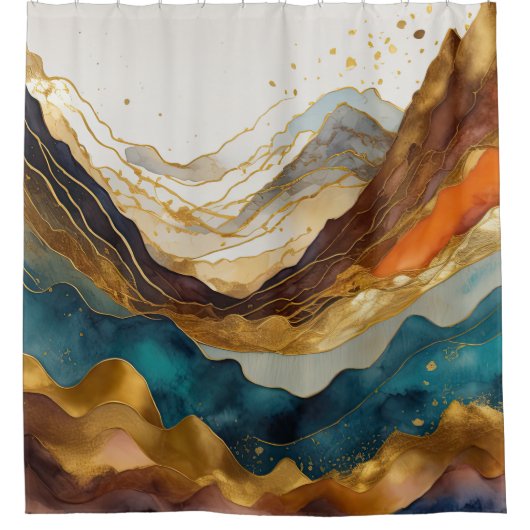水彩抽象芸術横絵画景金ゴールド シャワーカーテン (正面)