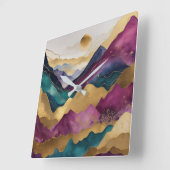 水彩抽象芸術横絵画景金ゴールド スクエア壁時計 (傾斜)