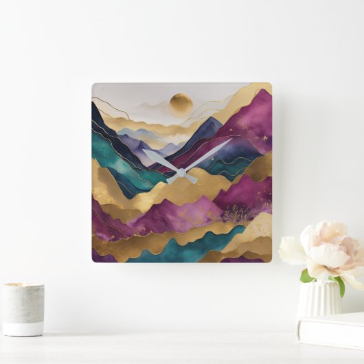 水彩抽象芸術横絵画景金ゴールド スクエア壁時計 (ホーム)