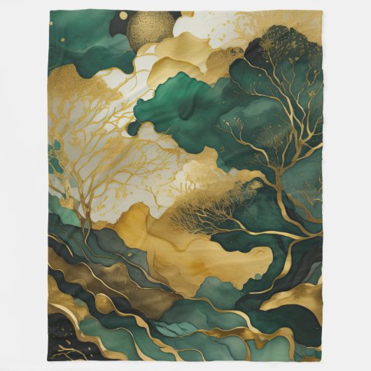 水彩抽象芸術横絵画景金ゴールド フリースブランケット (正面)