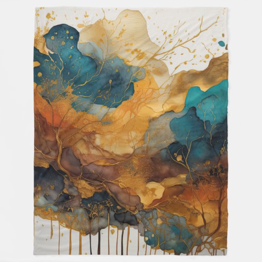 水彩抽象芸術横絵画景金ゴールド フリースブランケット (正面)