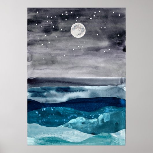 水彩抽象芸術海の風景モダン海 ポスター (正面)