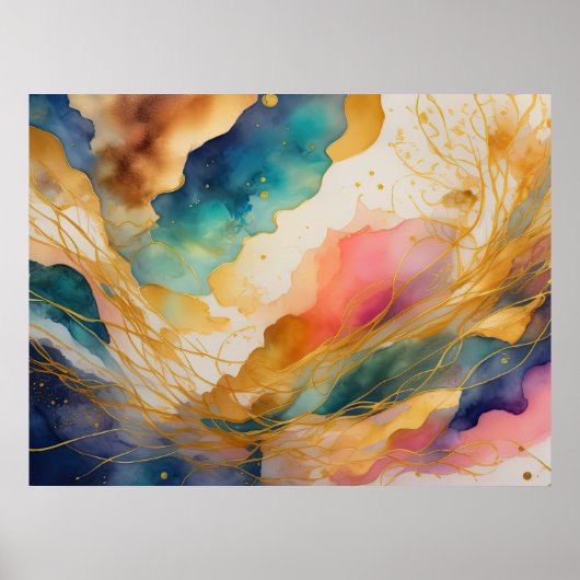 水彩抽象芸術絵を描の金ゴールド4:3 ポスター (正面)