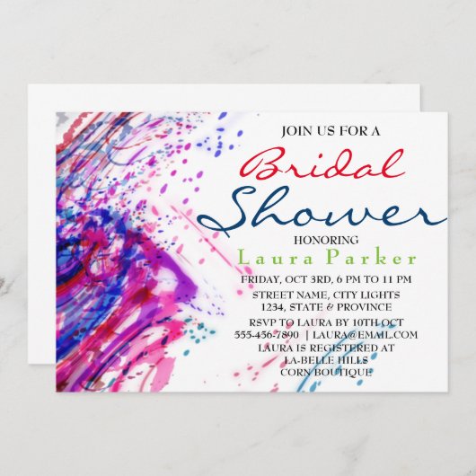 水彩抽象芸術絵を描ブライダルシャワー 招待状 (正面/裏面)