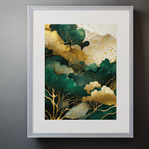 水彩抽象芸術絵を描風景の金ゴールド3:4 ポスター