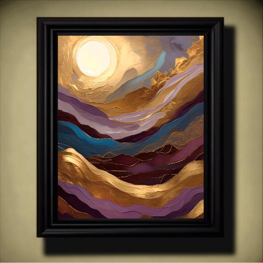 水彩抽象芸術絵画の金ゴールド紫ブルー ポスター