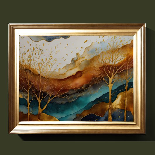 水彩抽象芸術絵画風景の金ゴールド4:3 ポスター