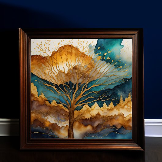 水彩抽象芸術絵画風景金ゴールド1:1 ポスター