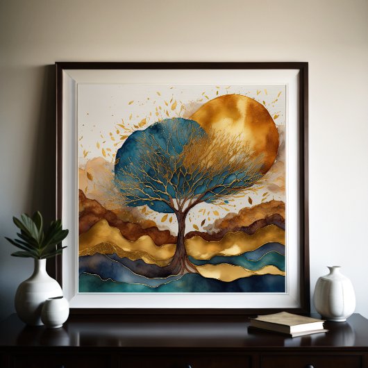 水彩抽象芸術絵画風景金ゴールド1:1 ポスター