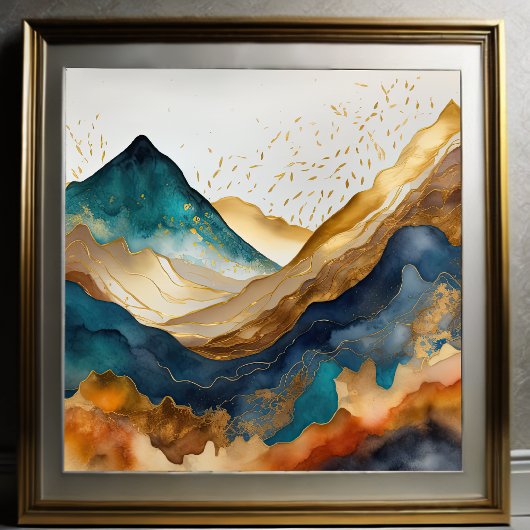 水彩抽象芸術絵画風景金ゴールド1:1 ポスター