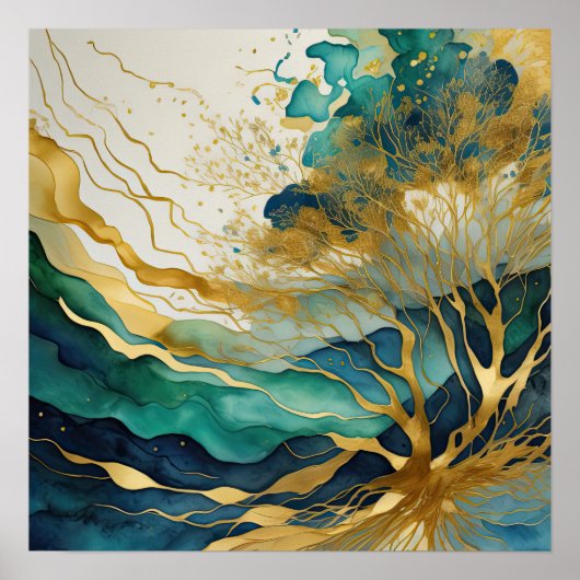 水彩抽象芸術絵画風景金ゴールド1:1 ポスター (正面)