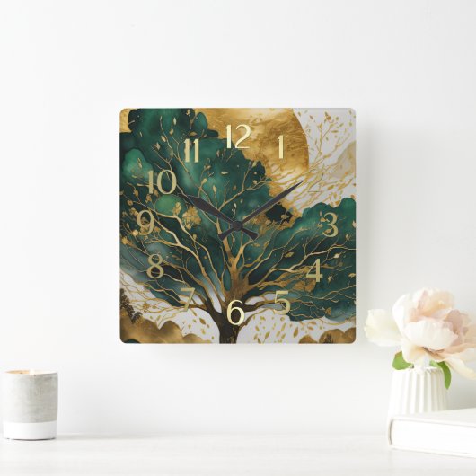 水彩抽象芸術絵画風景金ゴールドII スクエア壁時計 (ホーム)