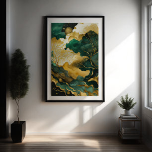 水彩抽象芸術絵画風景金ゴールドIII ポスター