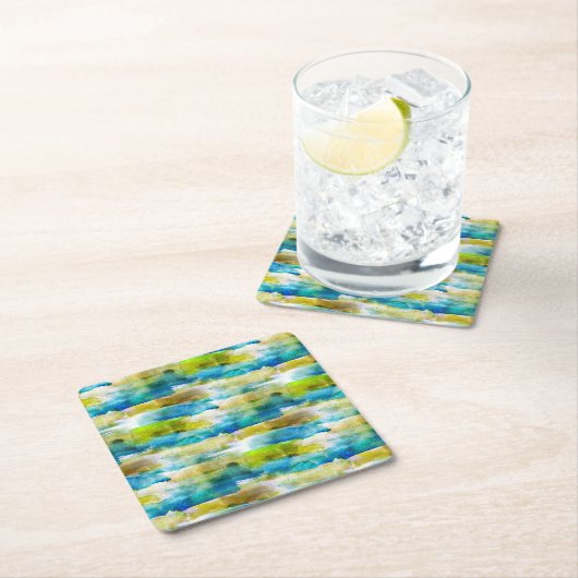 水彩抽象芸術緑、青 スクエアペーパーコースター (インサイチュ)