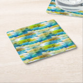 水彩抽象芸術緑、青 スクエアペーパーコースター (アングル)
