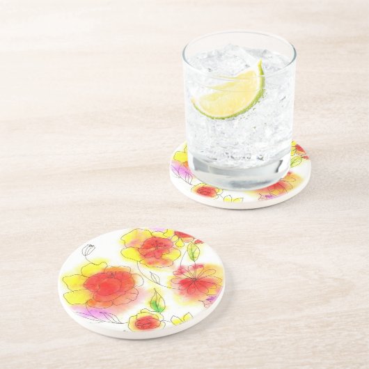 水彩抽象芸術赤と黄色の花 コースター (側面)