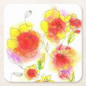 水彩抽象芸術赤と黄色の花 スクエアペーパーコースター (正面)