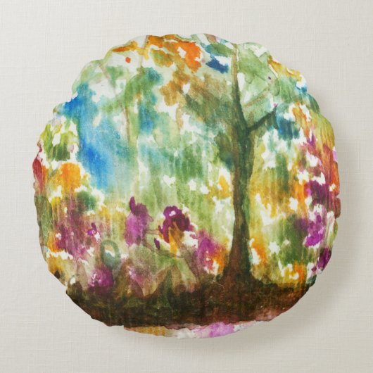 水彩抽象芸術造園芸術木林 ラウンドクッション (正面)