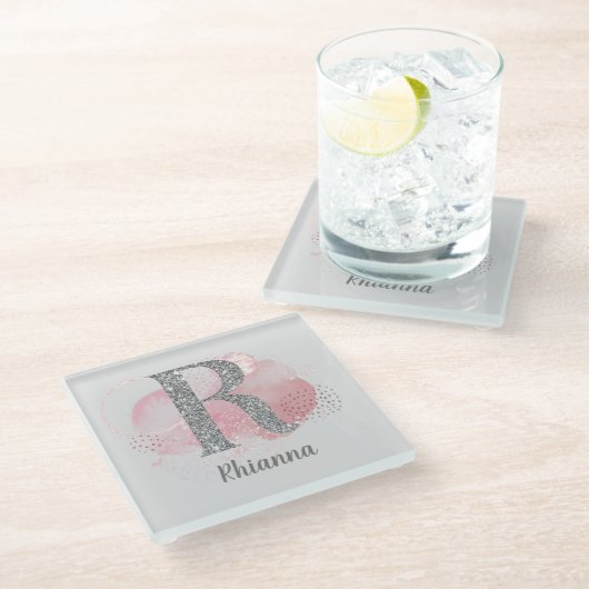 水彩抽象芸術&シルバーグリッターレターR ガラスコースター (アングル)