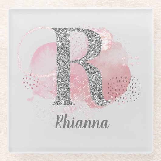 水彩抽象芸術&シルバーグリッターレターR ガラスコースター (正面)