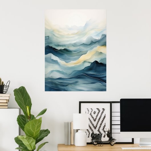 水彩抽象芸術、海、波、線 ポスター (ホームオフィス)