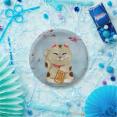 水彩招き猫が開花桜 ペーパープレート (パーティー)